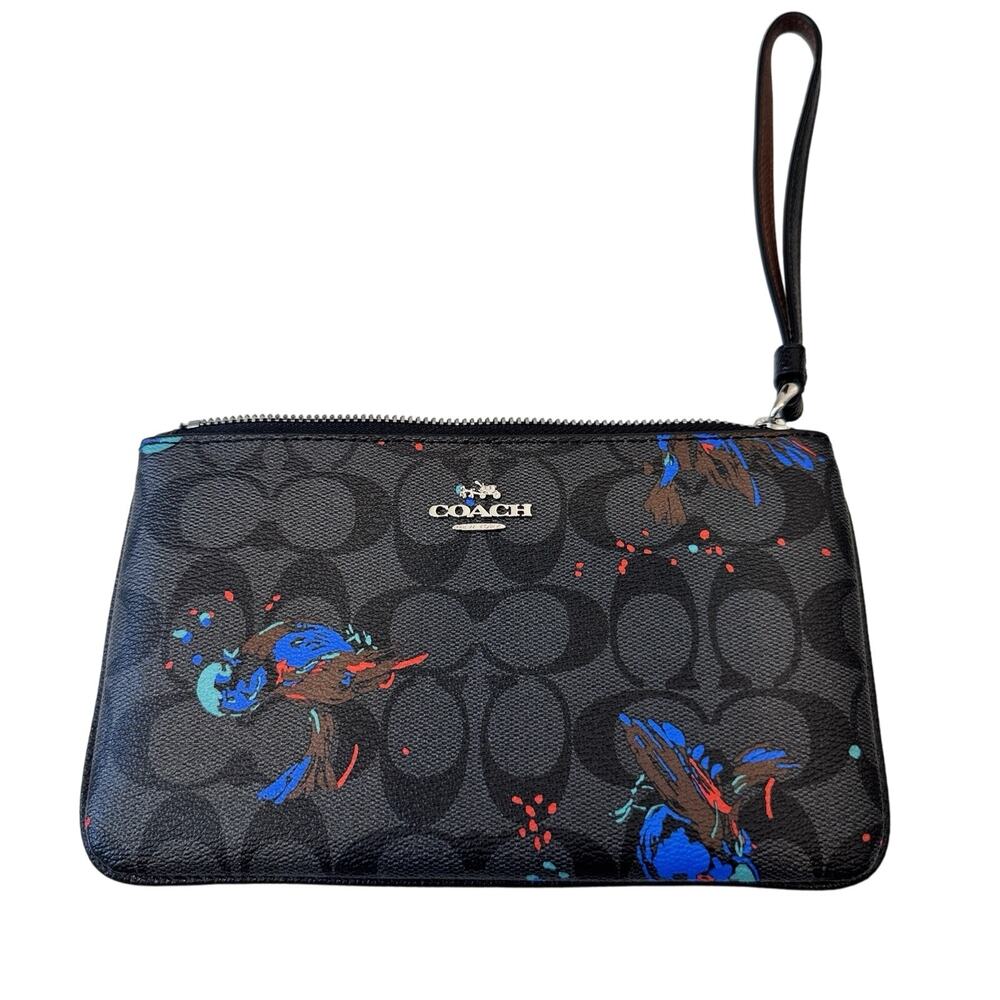 Coach Black Sierra Bird Coated Canvas Wristlet Clutch Womens Purse Bag Wallet